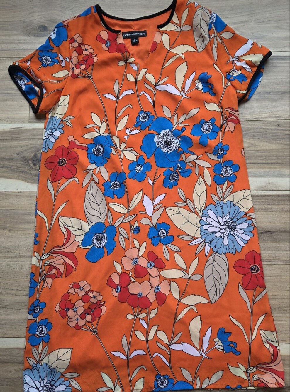 Danillo Boutique Floral Dress Tunic Orange Blue Red Short Sleeve Size 10